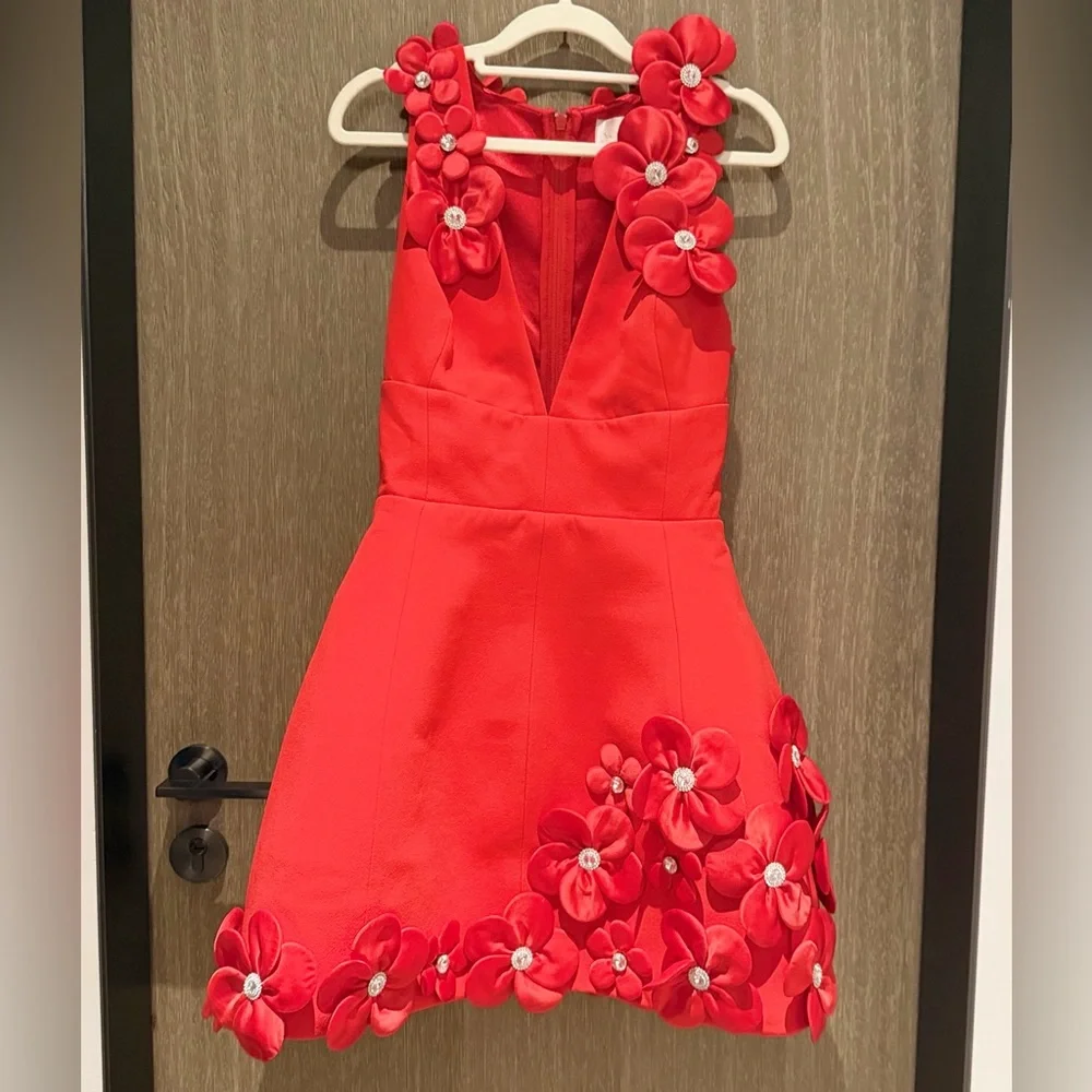 Bronx and Banco Red Floral Appliqué Deep V Mini Dress-RRP$895